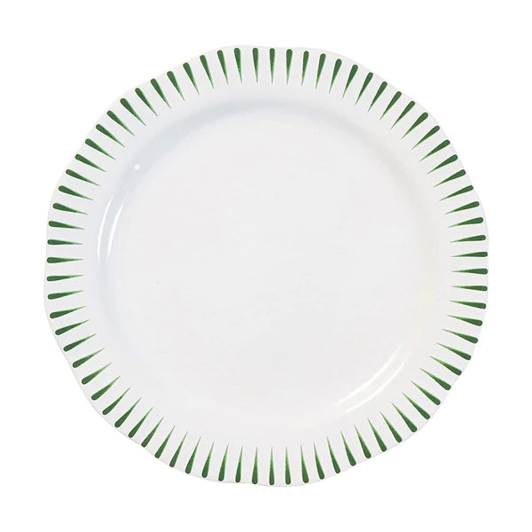 white dinner plate with green stripes on rim on a white background