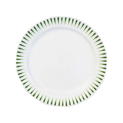 white dinner plate with green stripes on rim on a white background