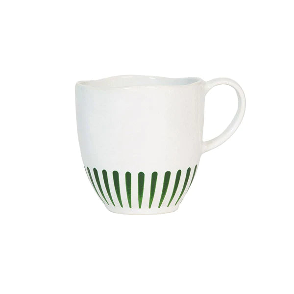 white mug with green vertical stripes at the base on a white background