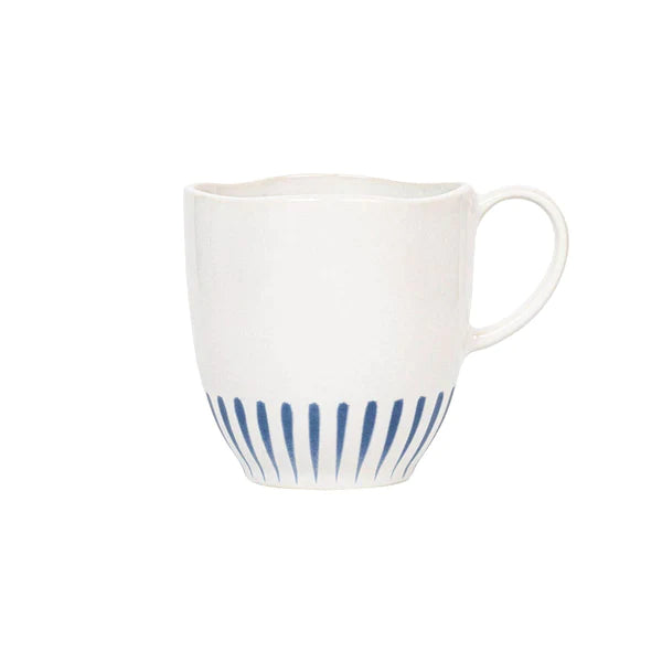 white mug with blue vertical stripes at the base on a white background