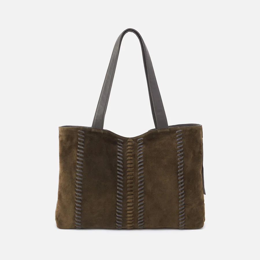 dark green sawyer tote with whipstitching down the front.