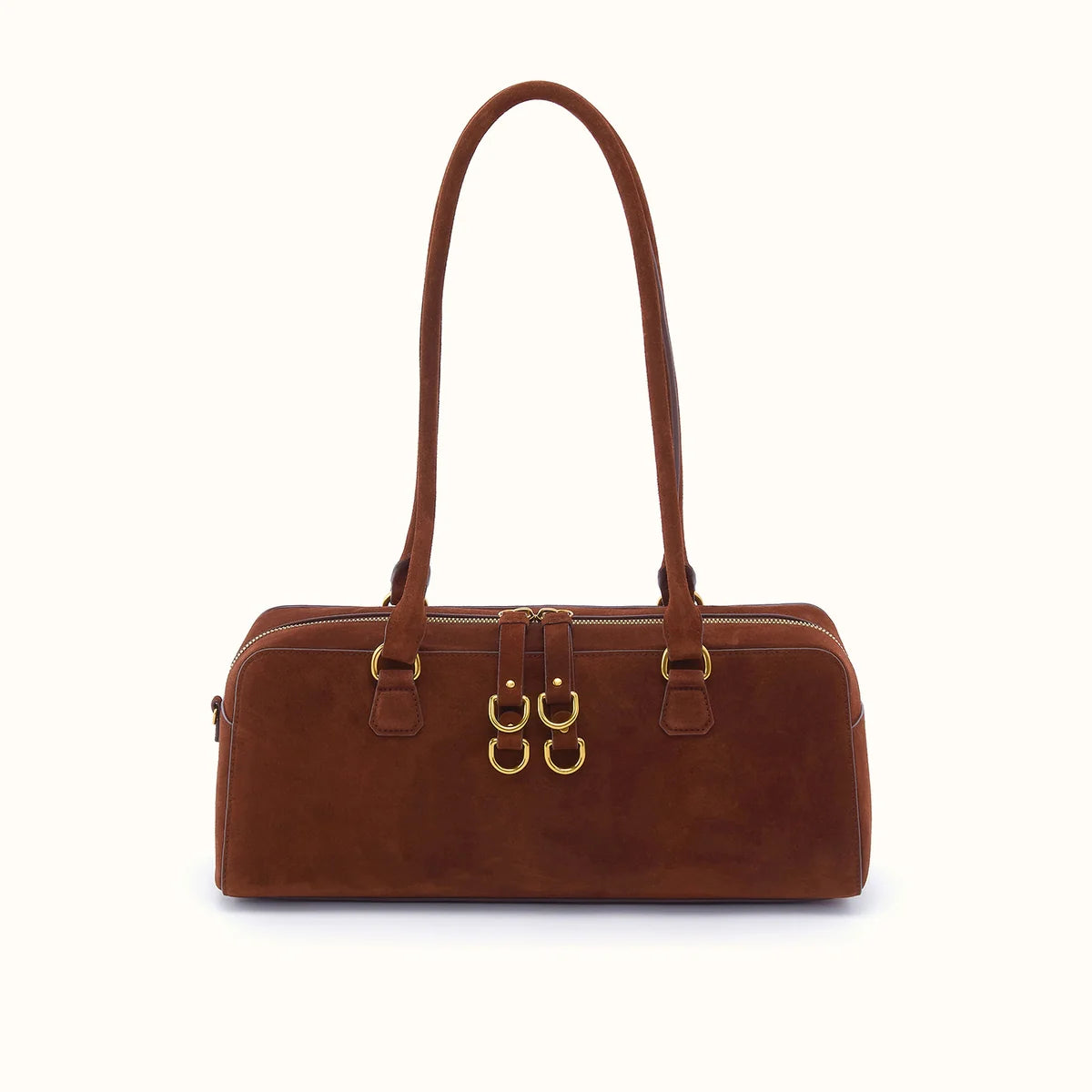 front view of the Sadie Satchel in chocolate suede