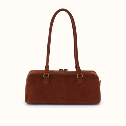 back view of the Sadie Satchel in chocolate suede