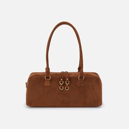front view of the Sadie Satchel in truffle suede