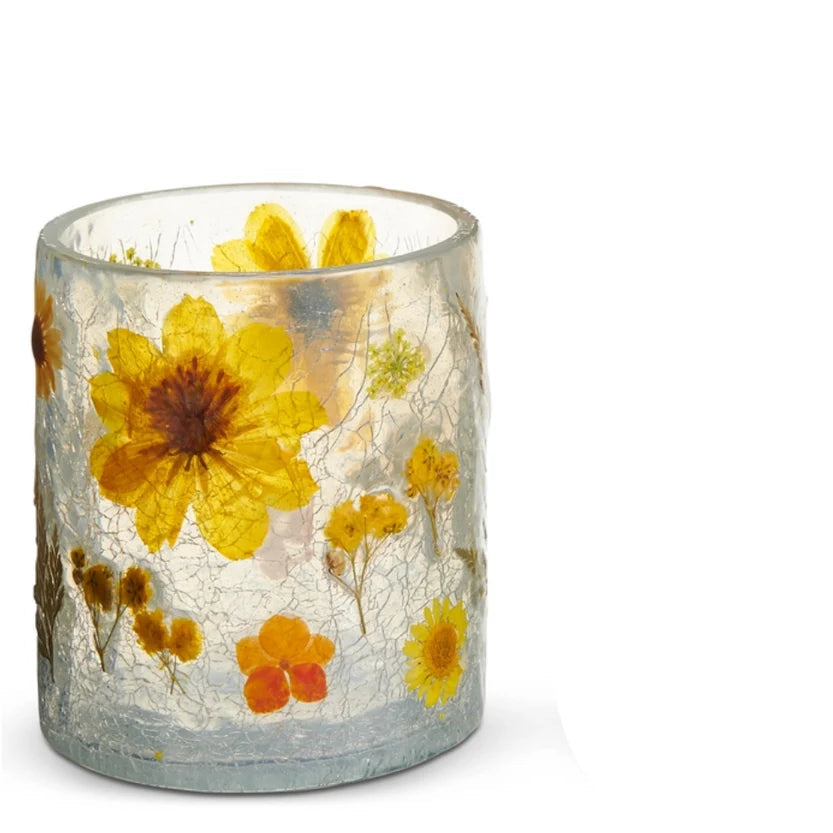 smaller glass vessel with a crackled finish, decorated with pressed yellow and orange flowers, shown on a white background.