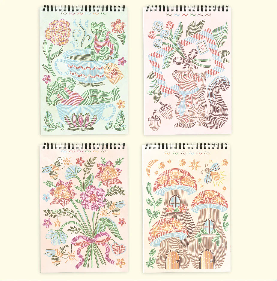 4 colorful line drawing notepads with floral and nature-themed designs