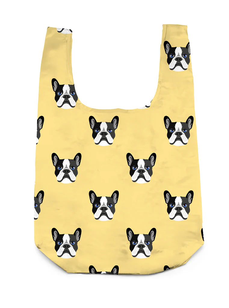 Yellow shopping bag printed with dog faces
