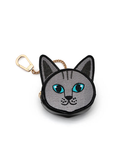 Gray and black cat face shaped bag charm pouch with gold chain and clip
