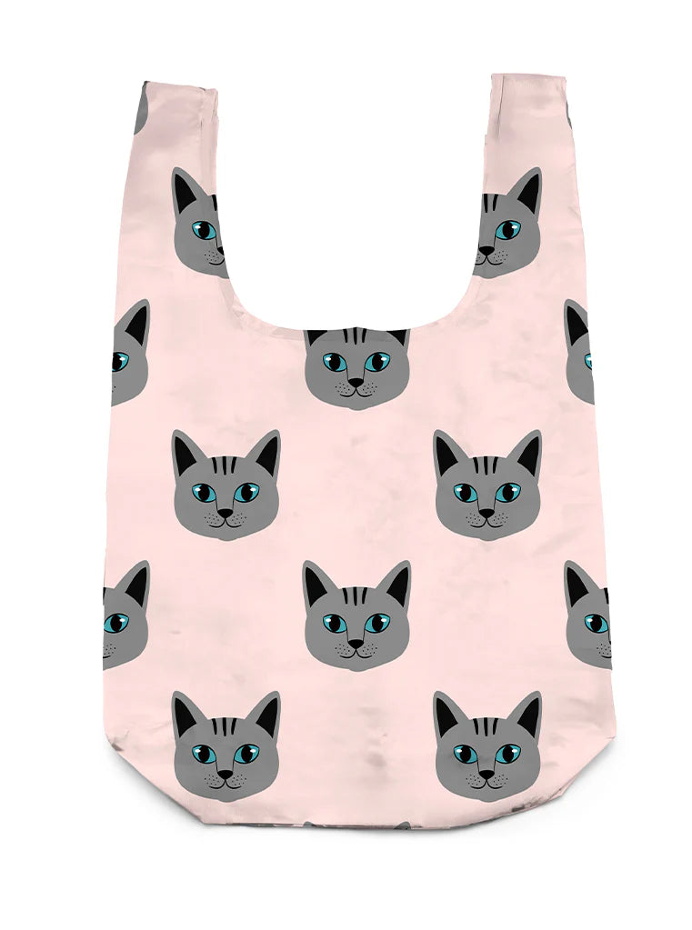 Light pink shopping bag printed with an all over design of Gray cat faces