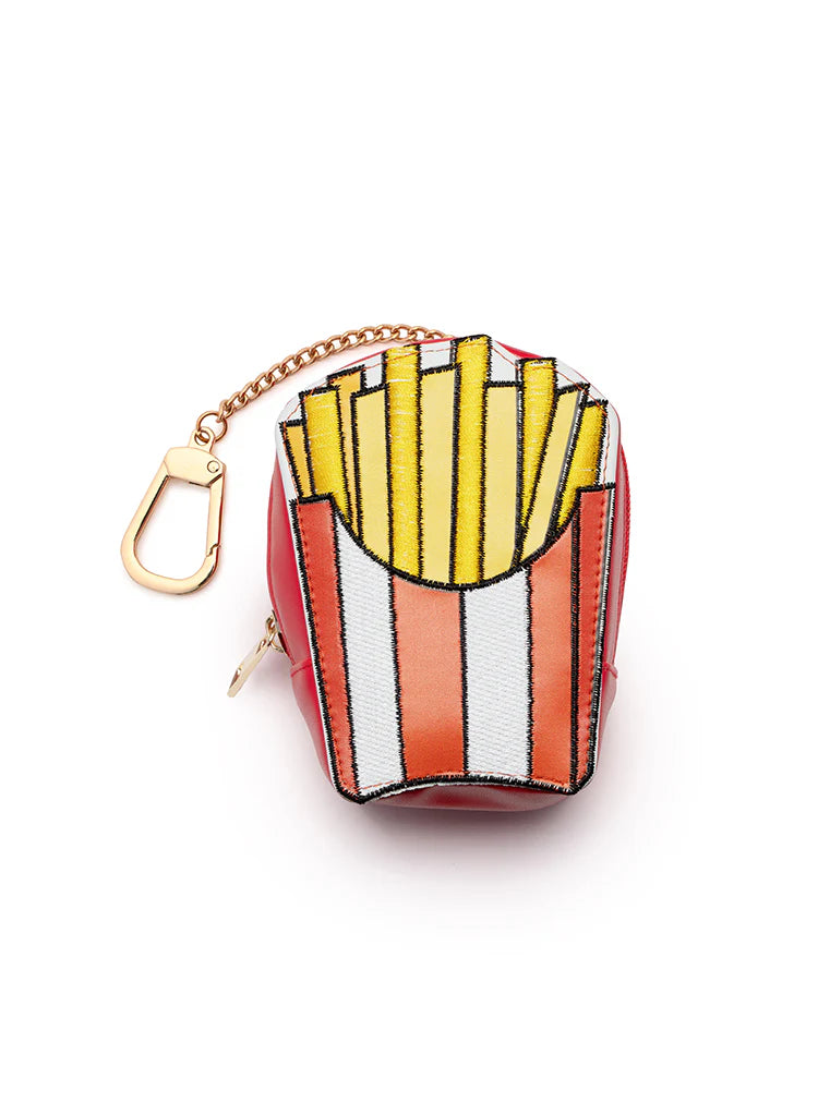 zippered pouch shaped like a box of fries with gold chain and clip on it