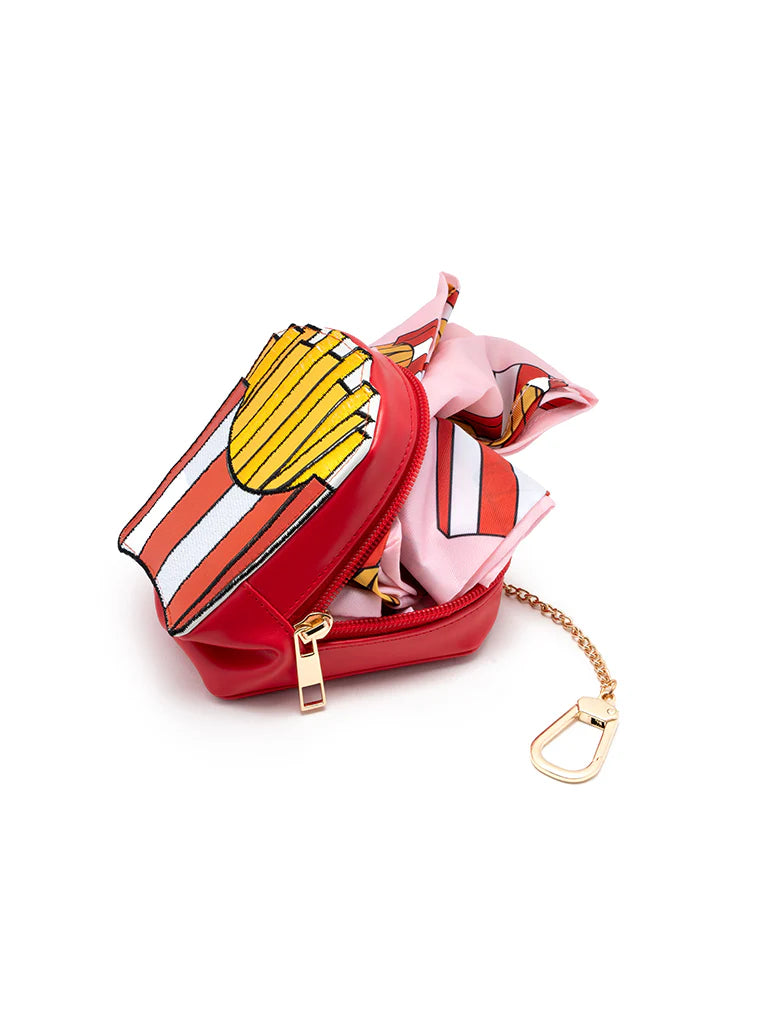 side view of fries pouch open with bag coming out