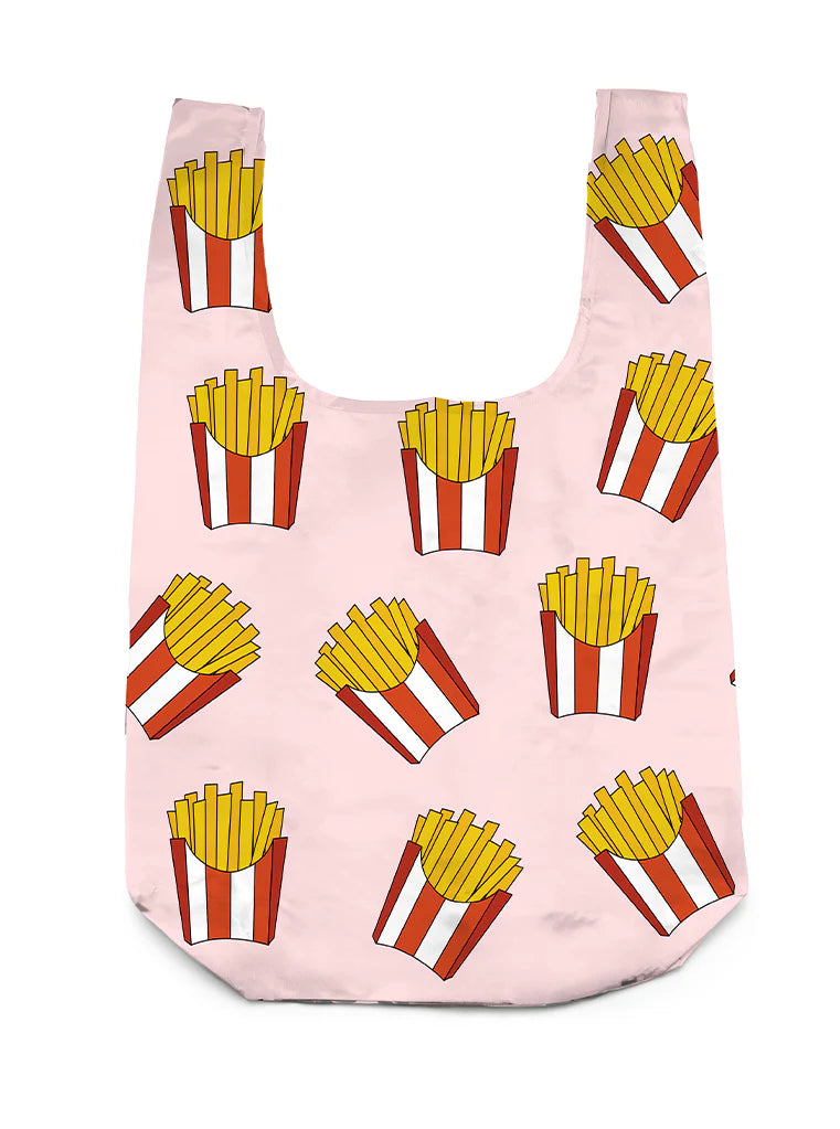pink shopping bag with all-over fries design
