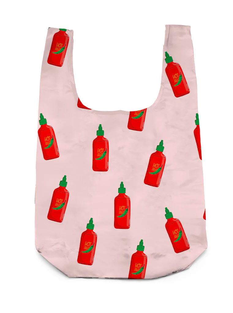 Pink bag with all over design of red hot sauce bottles