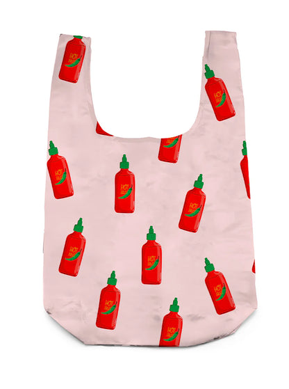 Pink bag with all over design of red hot sauce bottles