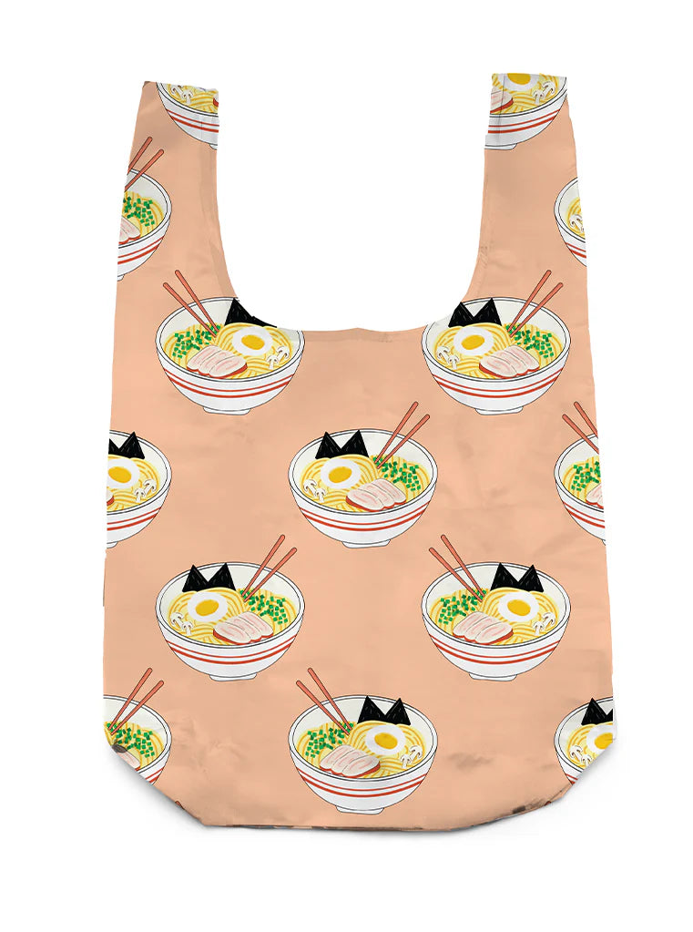 Pale orange shopping bag with an all over pattern of ramen bowls printed on it