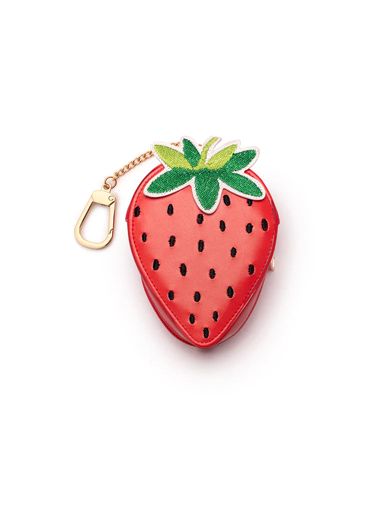 strawberry bag charm with gold chain and clip