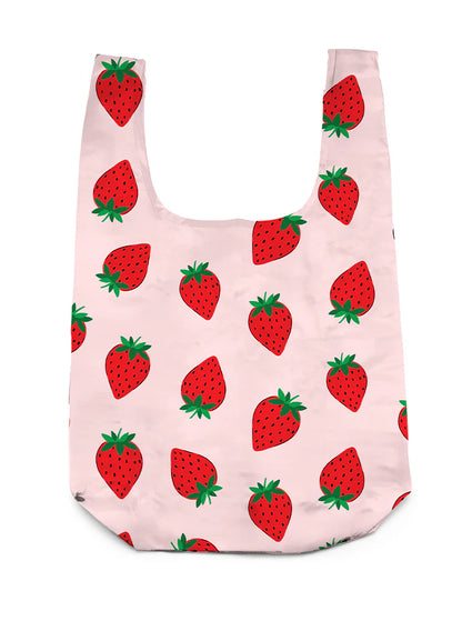 pink shopping bag with all-over strawberry design