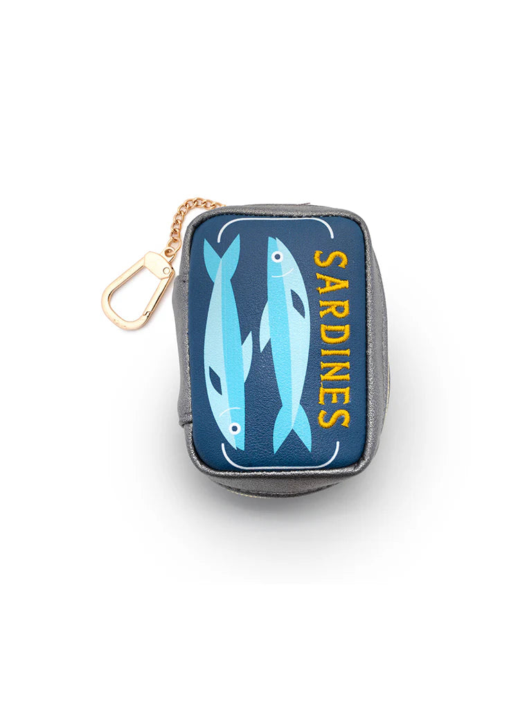 Blue bag charm pouch shaped like a tin of sardines with sardines stitched in bright yellow