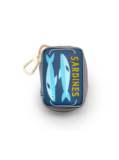 Blue bag charm pouch shaped like a tin of sardines with sardines stitched in bright yellow