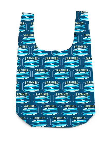 Navy blue shopping bag printed with an all over pattern of sardines and the word sardines