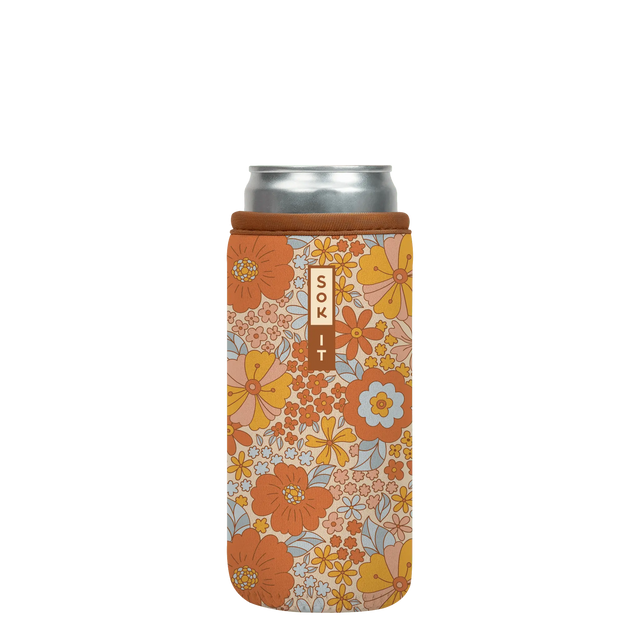 slim can cooler with orange and blue  floral design on a slim can