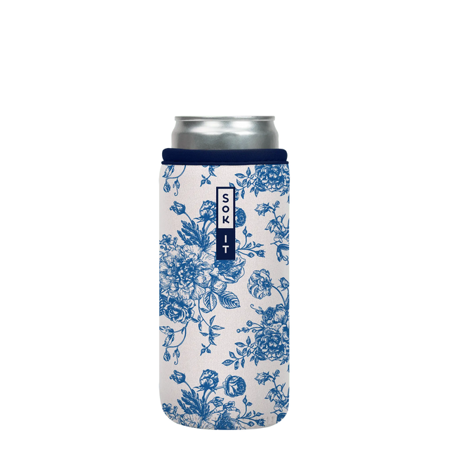 white slim can cooler with blue floral  design on a slim can