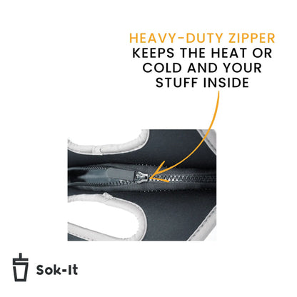 close-up of lunch tote zipper with text reading " Heavy duty zipper keeps the heat or the cold and your stuff inside"
