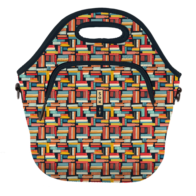 lunch tote printed with colorful stacked books