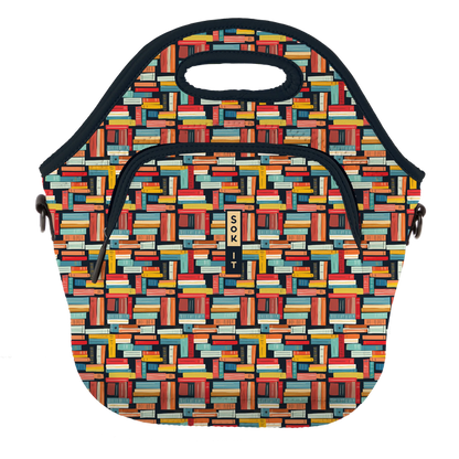 lunch tote printed with colorful stacked books