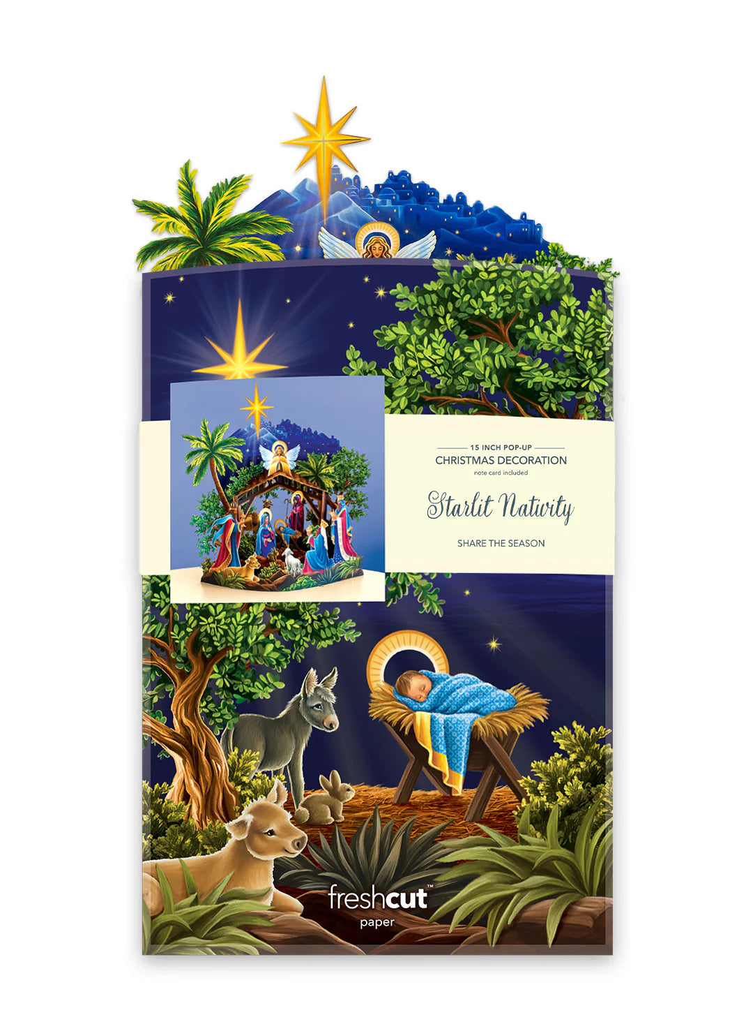 printed envelope with Pop-Up Starlit Nativity coming out of it.