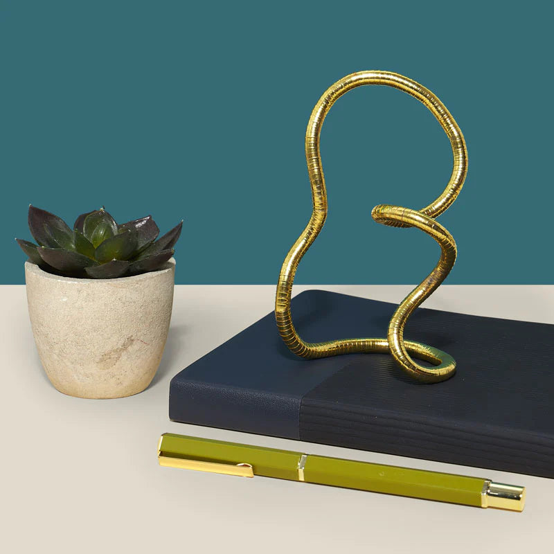 Gold metal rope fidget toy on a black book with a potted plant and yellow pen in the foreground.