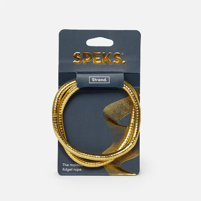 Gold fidget rope in packaging with 'Speks' branding on a gray background