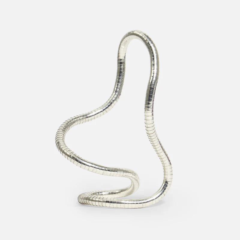 Silver snake-shaped fidget toy on a white background