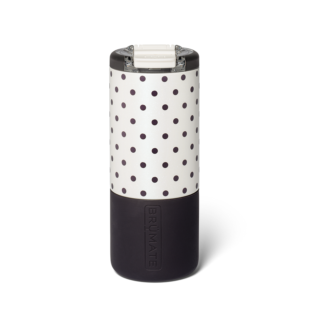 A cylindrical insulated tumbler with a white upper section covered in black polka dots and a matte black lower section, shown on a clean white background. 