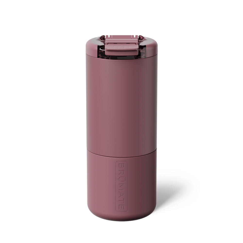 A matte dusty rose cylindrical travel tumbler with a flip-top lid set against a plain white background.