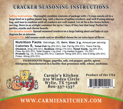 nutrition and ingredient list for Sweet & Spicy Cracker Seasoning Mix - call 501-327-2182 for more information