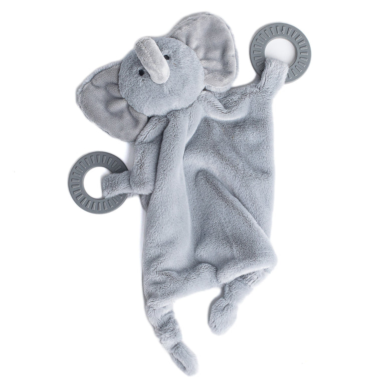 grey elephant buddy teether with teething rings up and down.