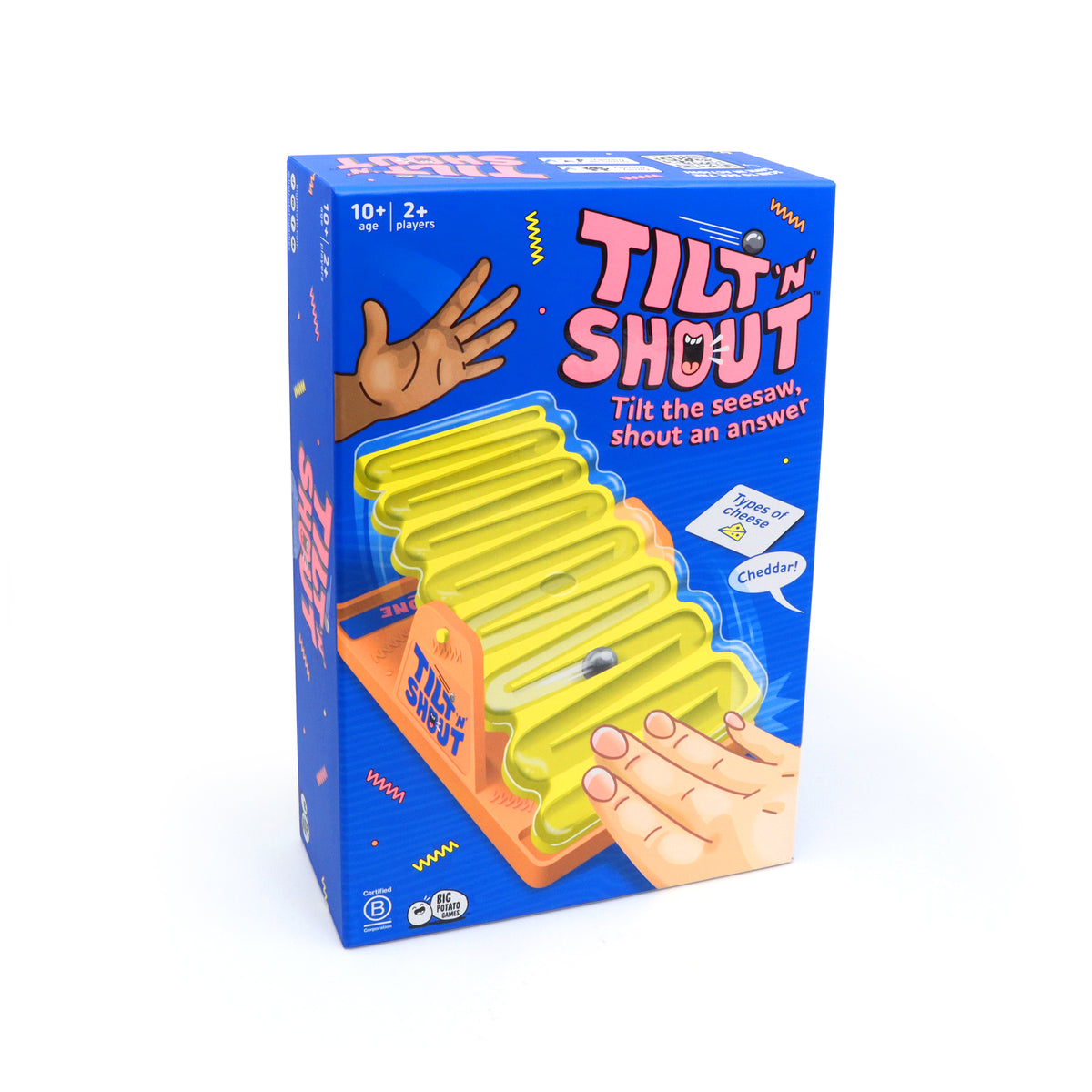 boxed game of Tilt 'n' Shout, box is blue with yellow graphics and pink text