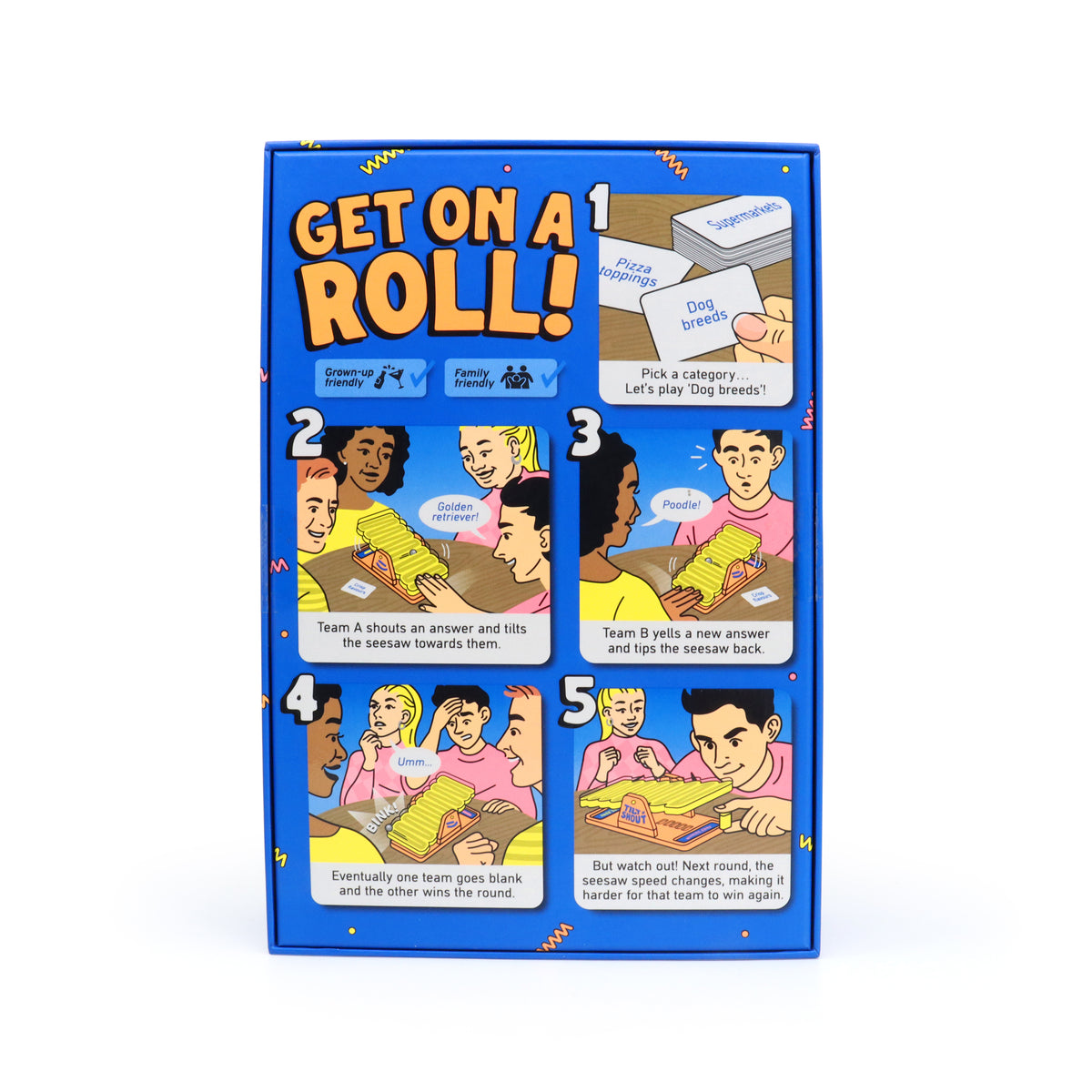 back of the boxed game of Tilt 'n' Shout