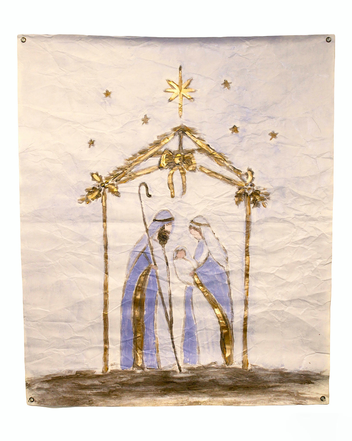paper art featuring the holy family under a creche adorned with gold bows and gold holly