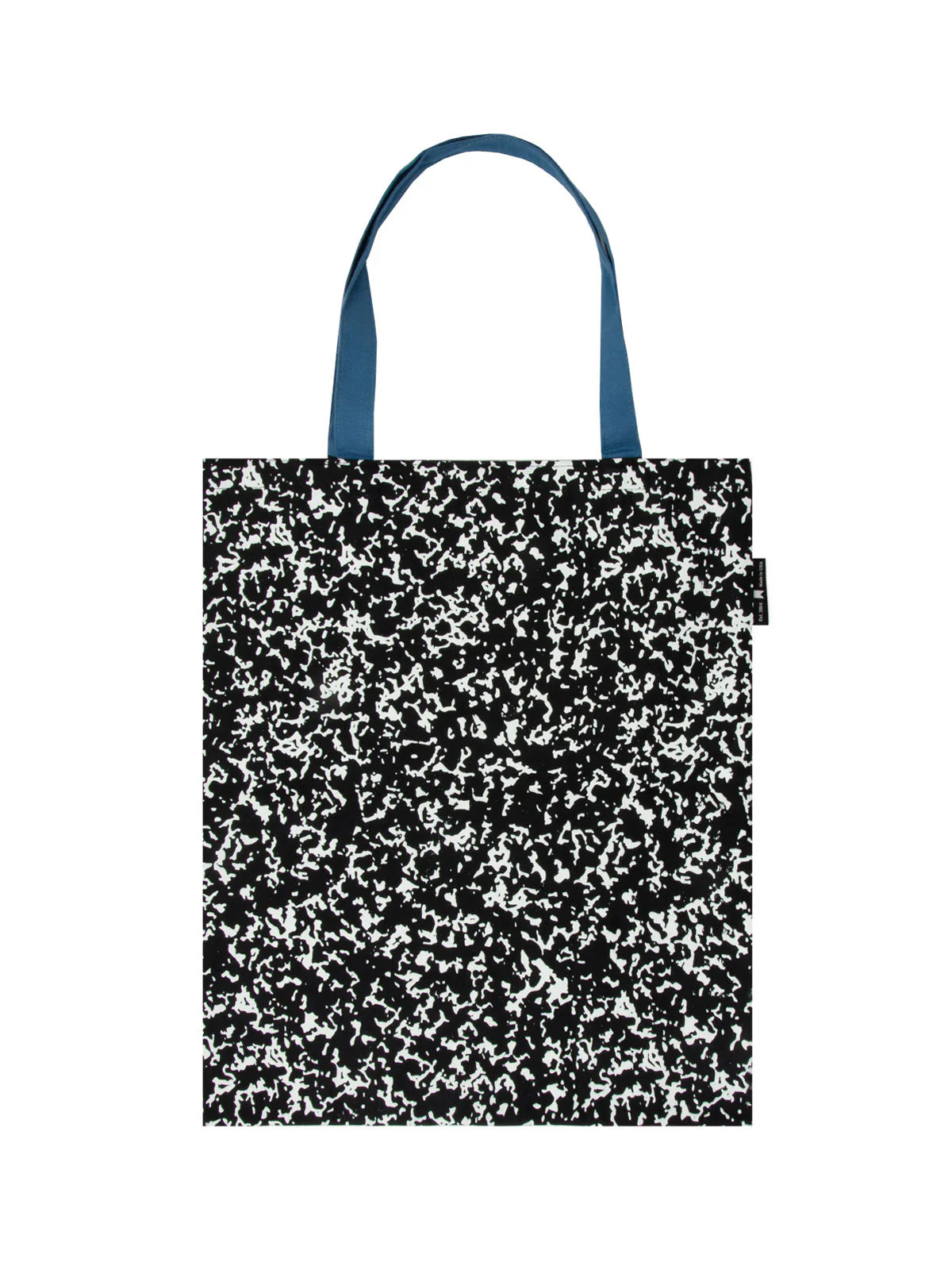 back view of the composition note book tote bag with blue handles