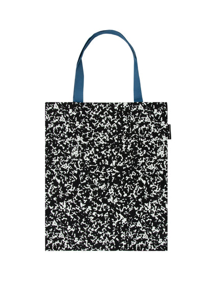 back view of the composition note book tote bag with blue handles