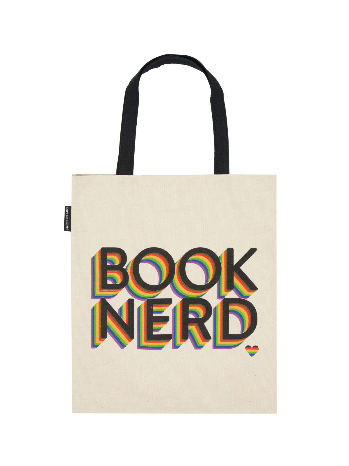 tan tote with back handle and black and rainbow text "book nerd"