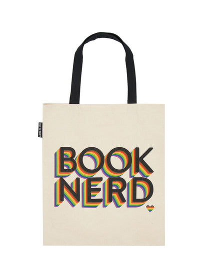 tan tote with back handle and black and rainbow text "book nerd"