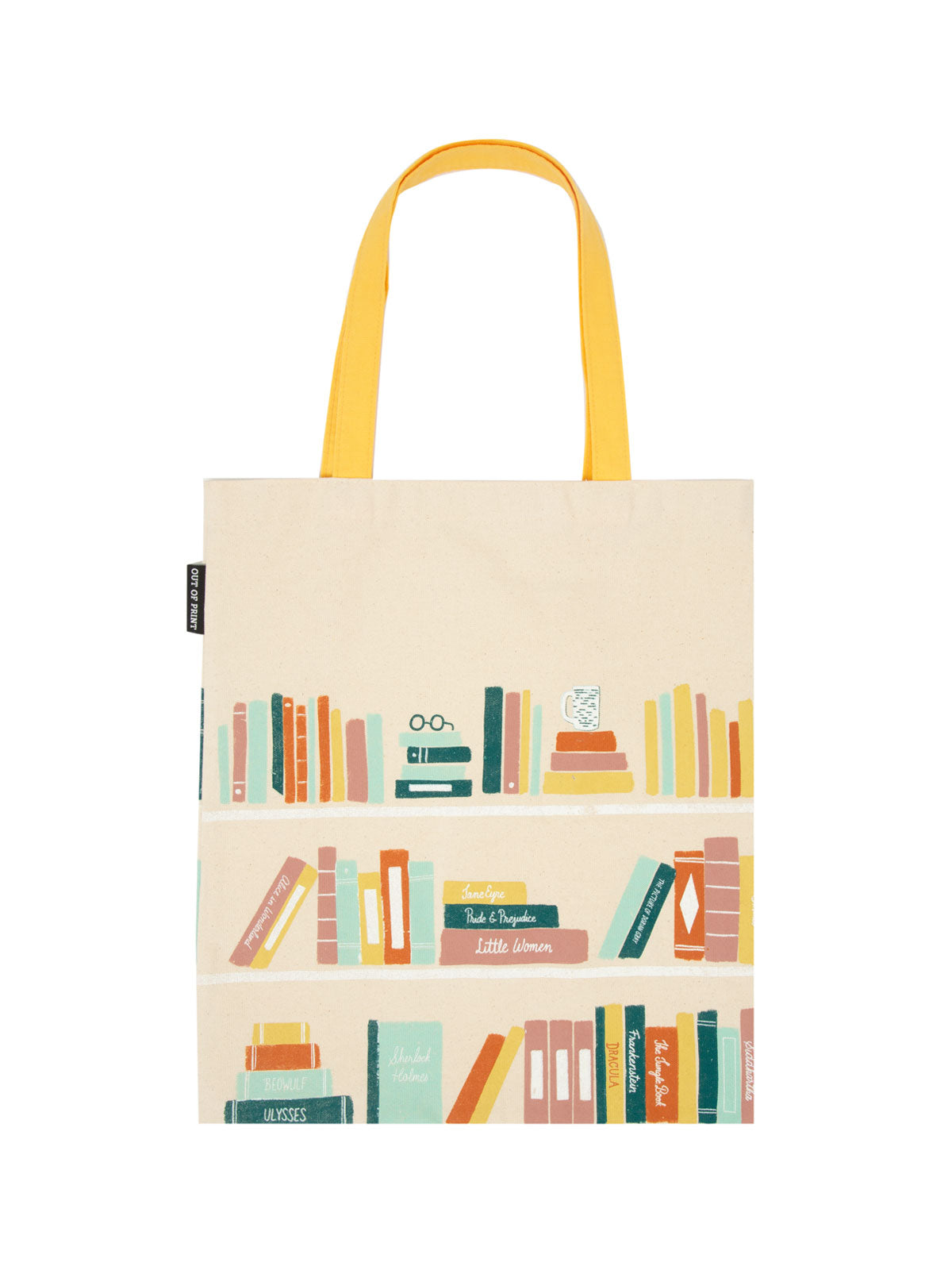 tan tote with yellow handle and sketch of 3 bookshelves with multicolored books