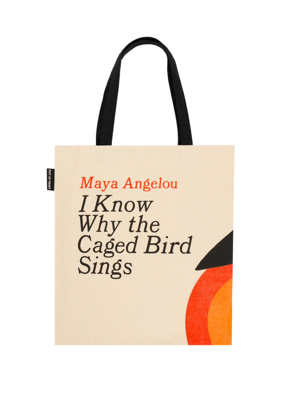 tan tote with black handle with black and red text "Maya Angelou I know Why the Caged Bird Sings"
