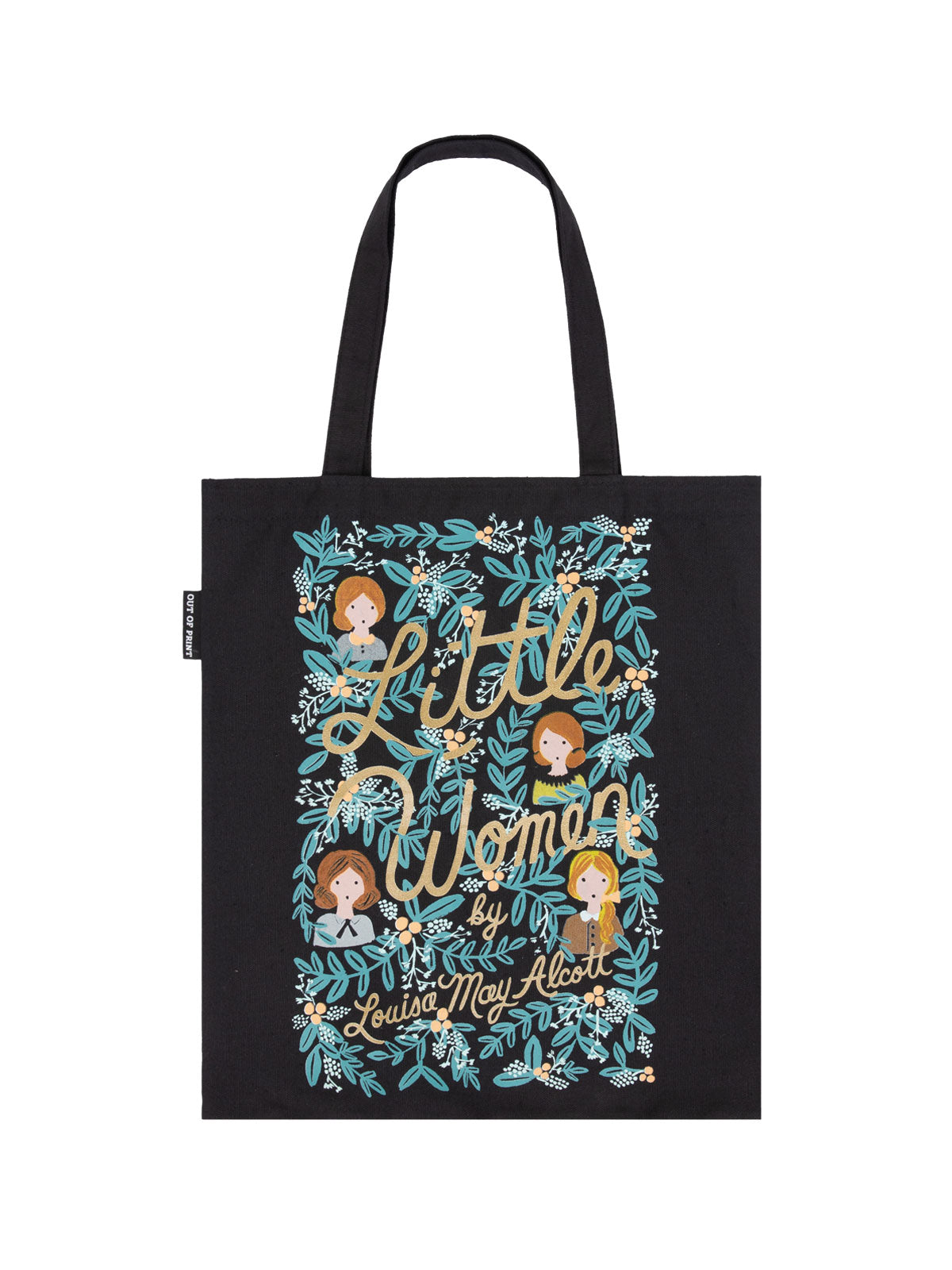 black tote with drawings of the March sisters, green stems and flowers, and gold text "Little Women louisa may alcott"