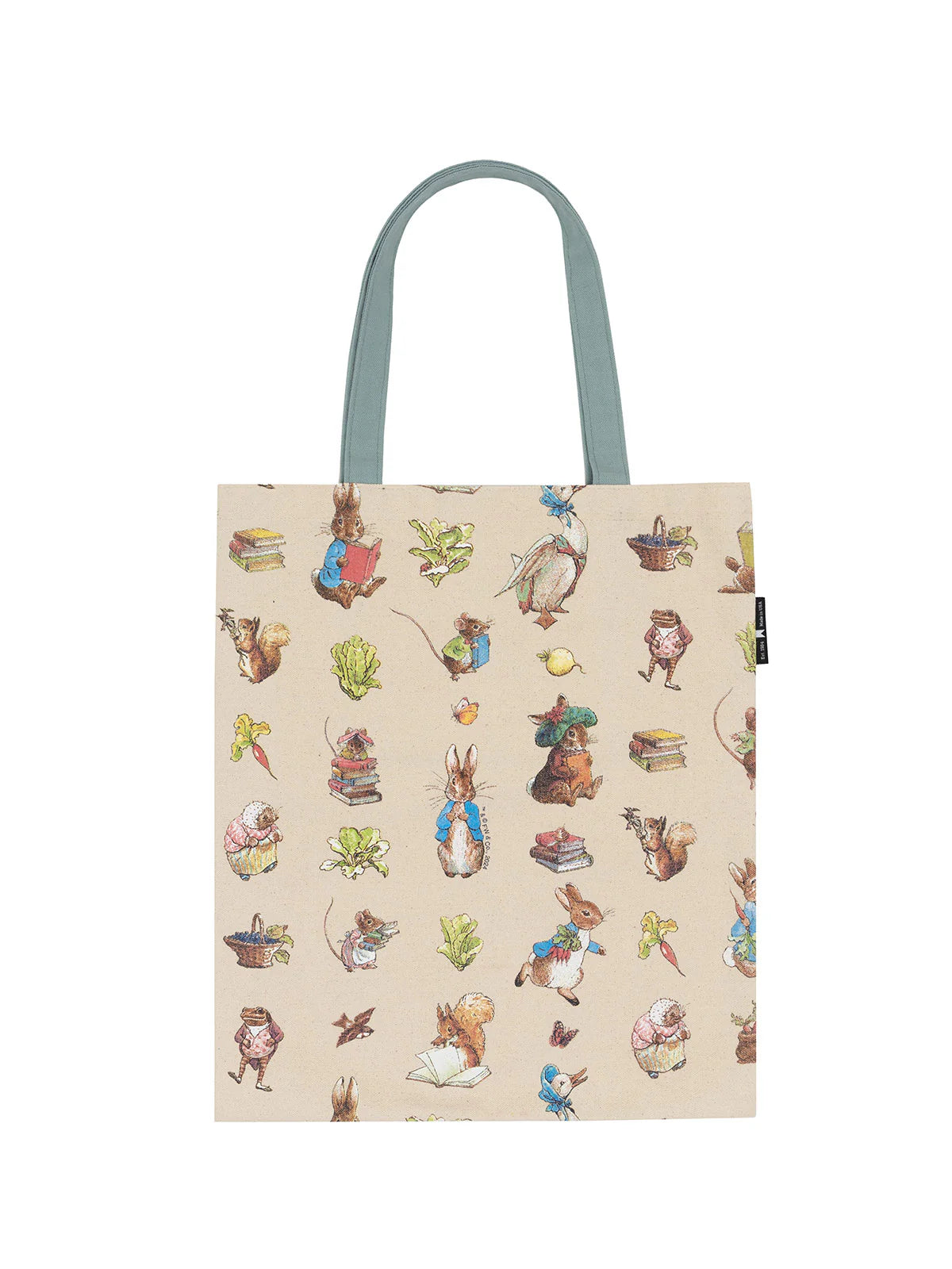 back view of peter rabbit tote bag with slate blue handles