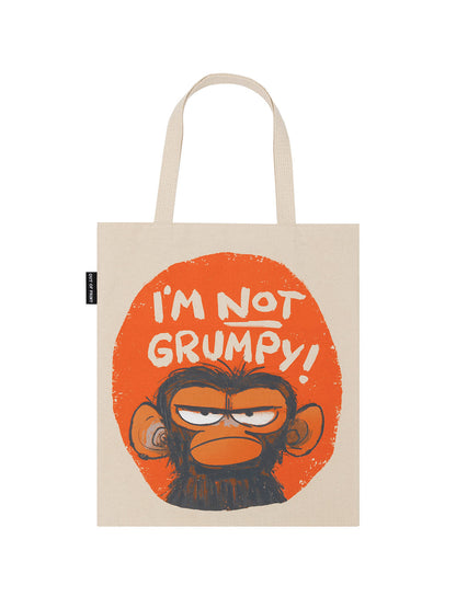 tan tote bag with Grumpy Monkey's grumpy face with white text "I'm not grumpy"