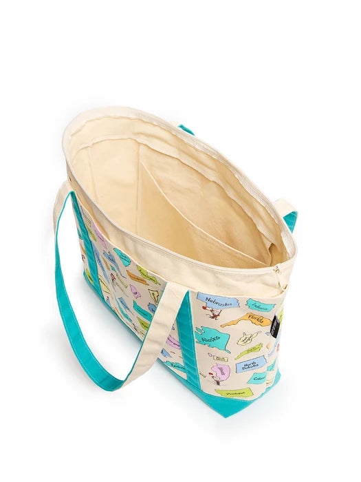 Dr. Seuss United States Zippered Tote Bag open to show interior pocket